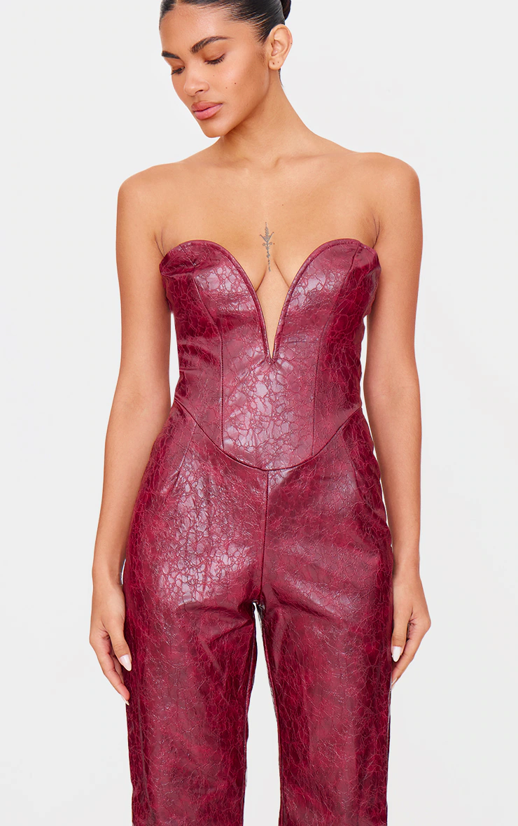 Burgundy Croc Faux Leather Bandeau Plunge Straight Leg Jumpsuit