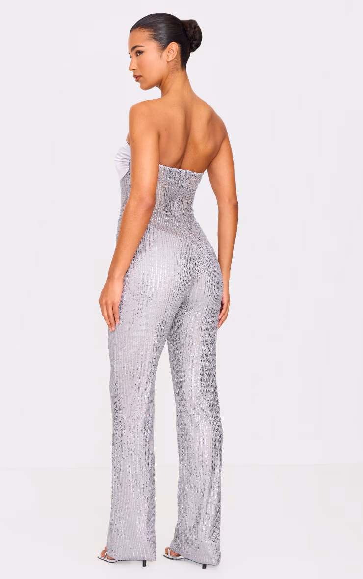 Silver Sequin Bandeau Sheer Panel Jumpsuit