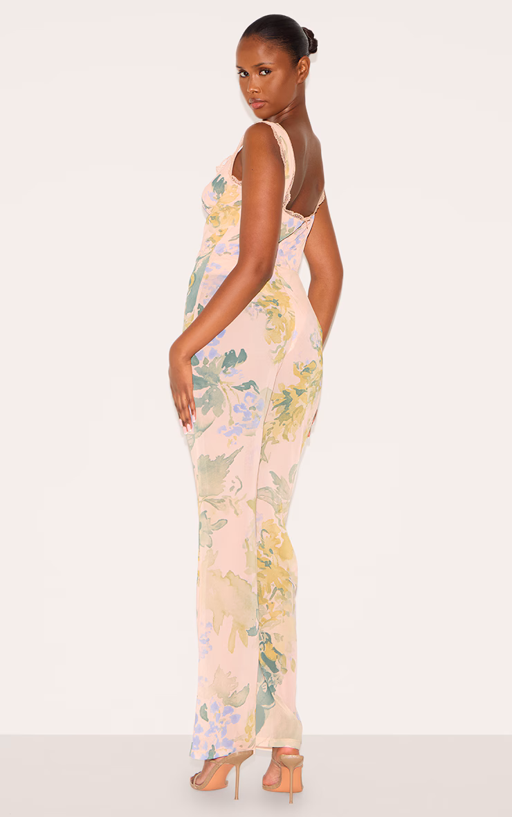 Pink Floral Printed Chiffon Corset Detail Flared Jumpsuit