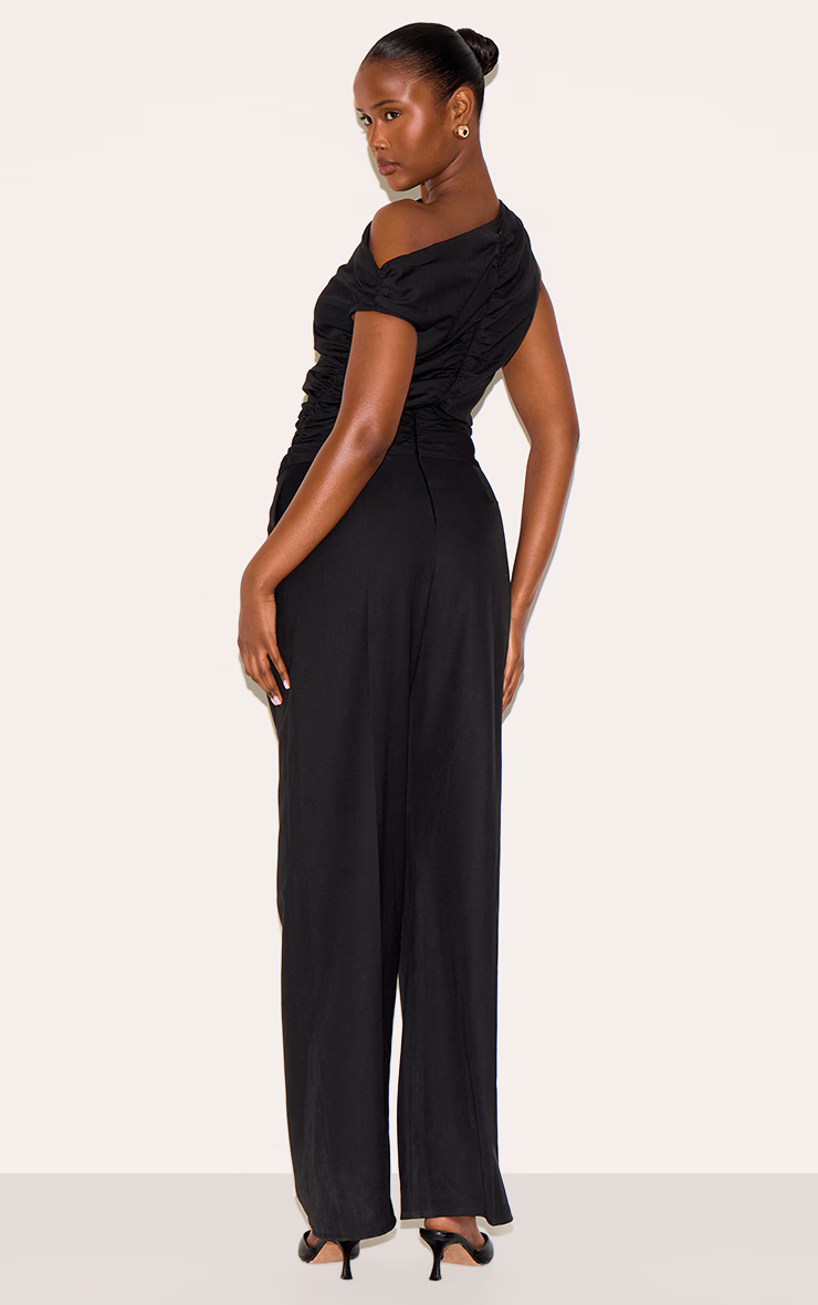 Black Woven Ruched One Sleeve Jumpsuit