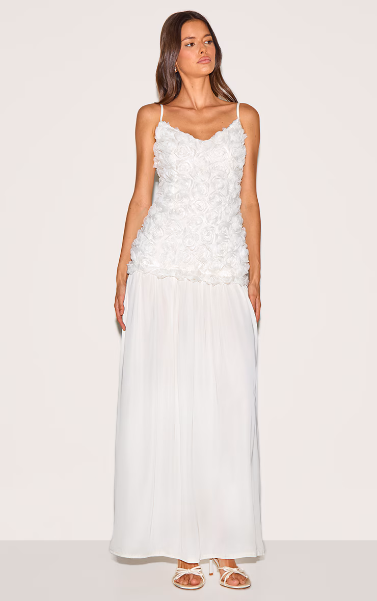 Cream Floral Dropped Waist Maxi Dress