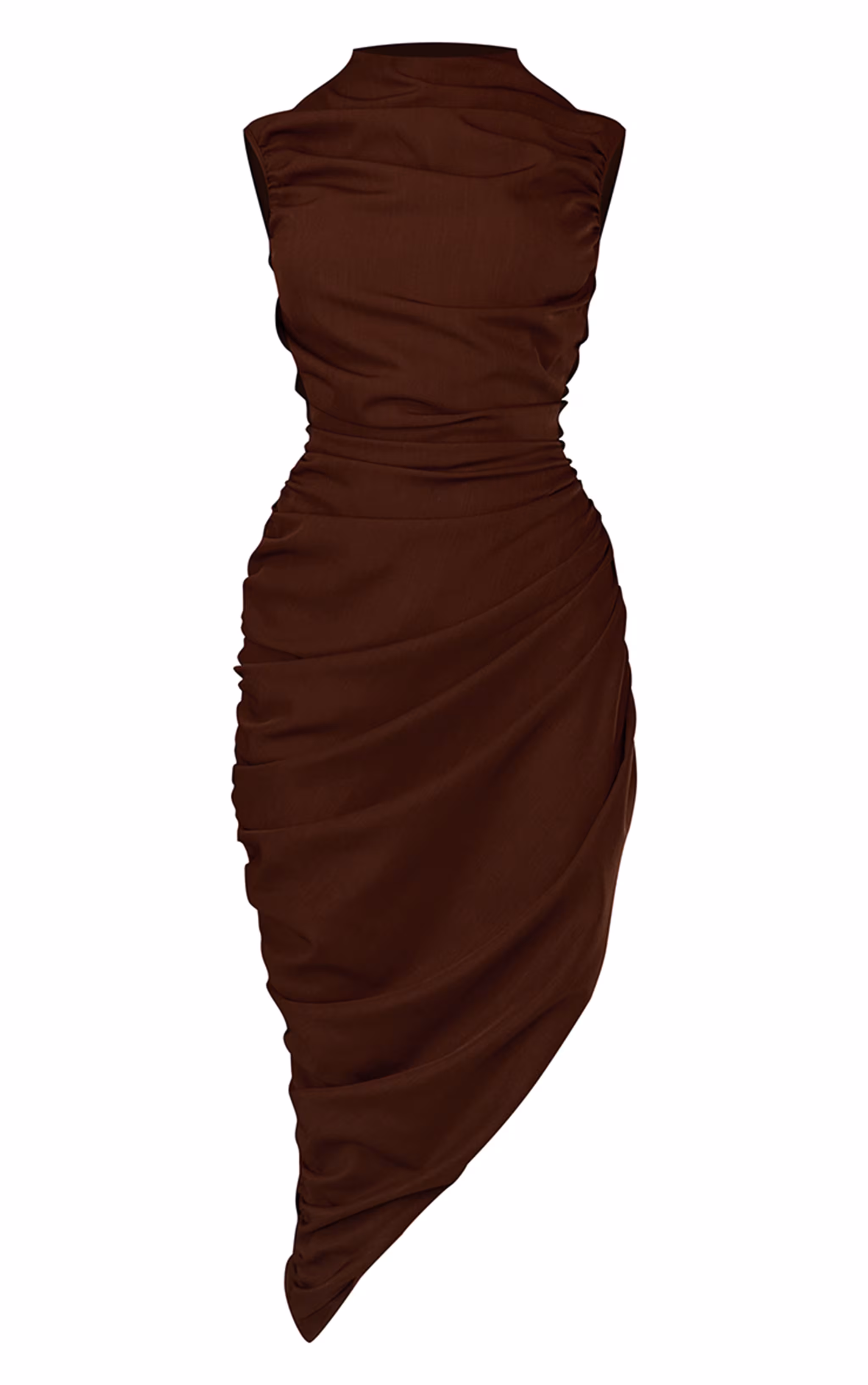 PLT Label Chocolate Brown Ruched Asymmetric Midaxi Dress