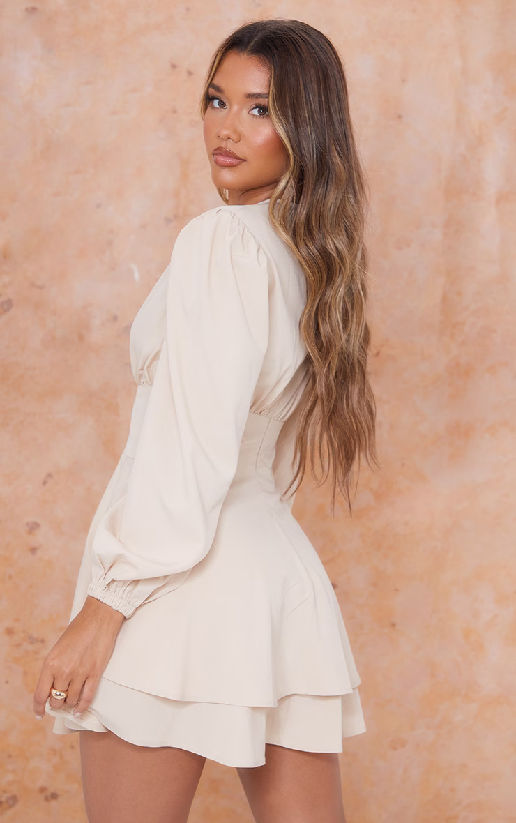 Stone Woven Binding Waist Detail Puff Long Sleeve Shift Dress