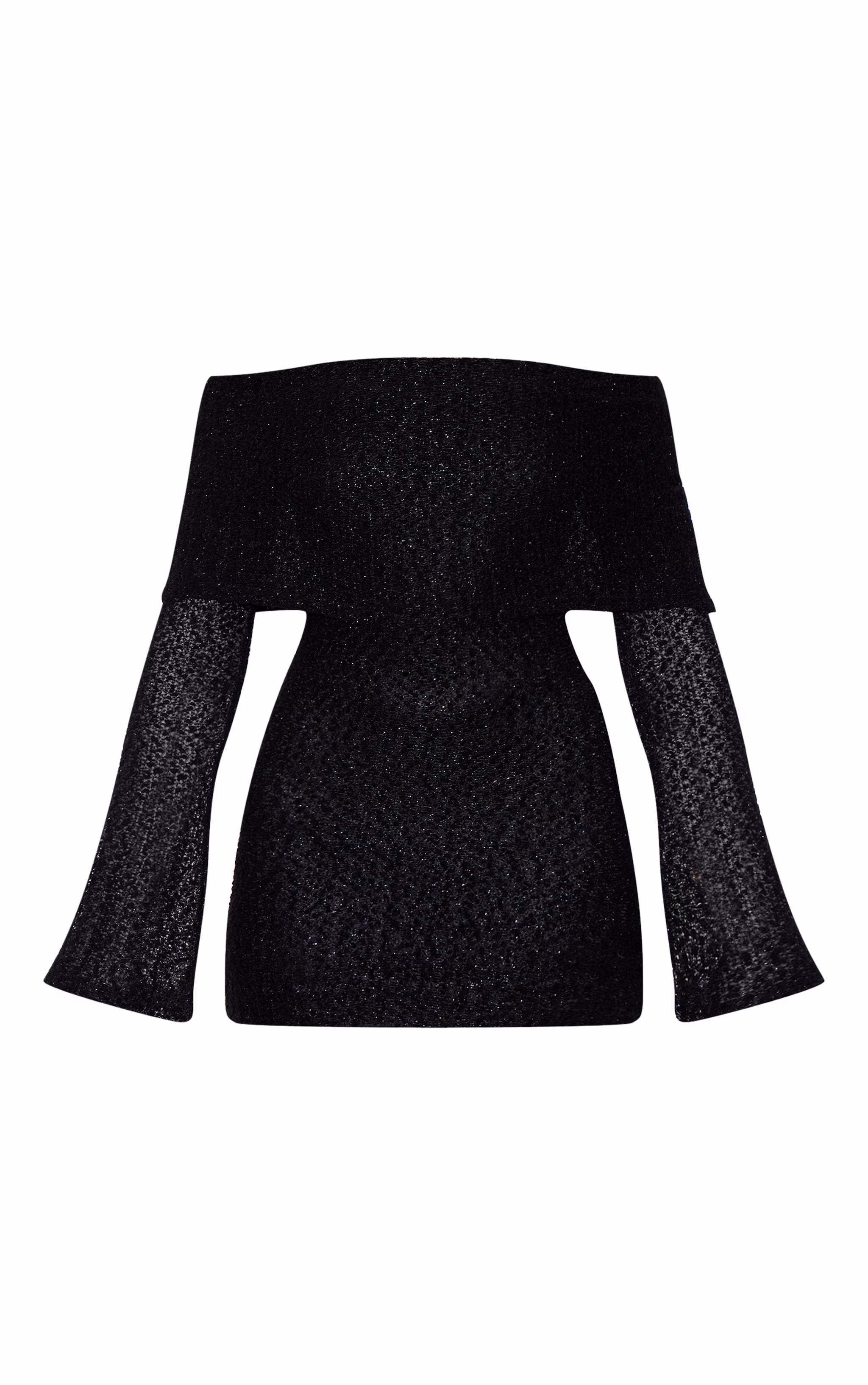 Black Textured Bardot Flare Long Sleeve Mini Dress