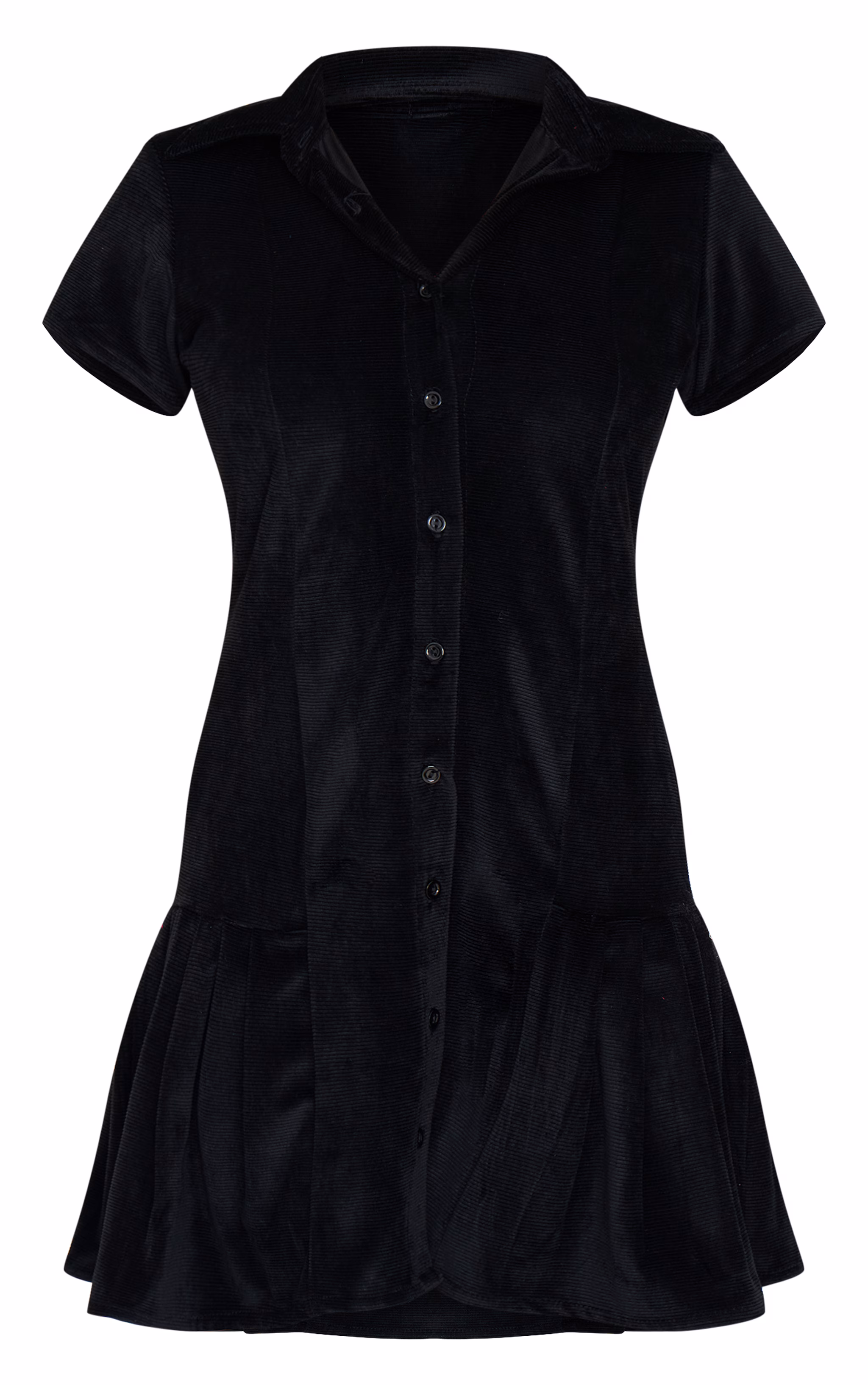Black Cord Button Down Cap Sleeve Pleated Hem Shift Dress