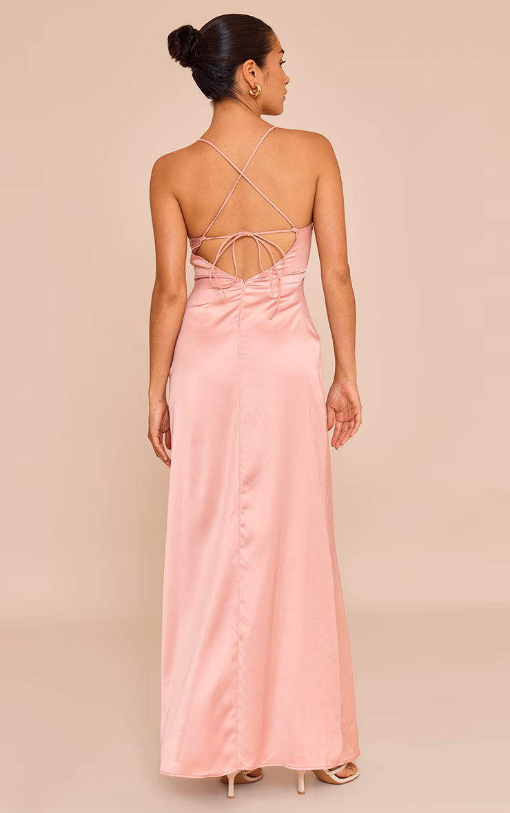 Petite Baby Pink Satin Strappy Open Back Maxi Dress
