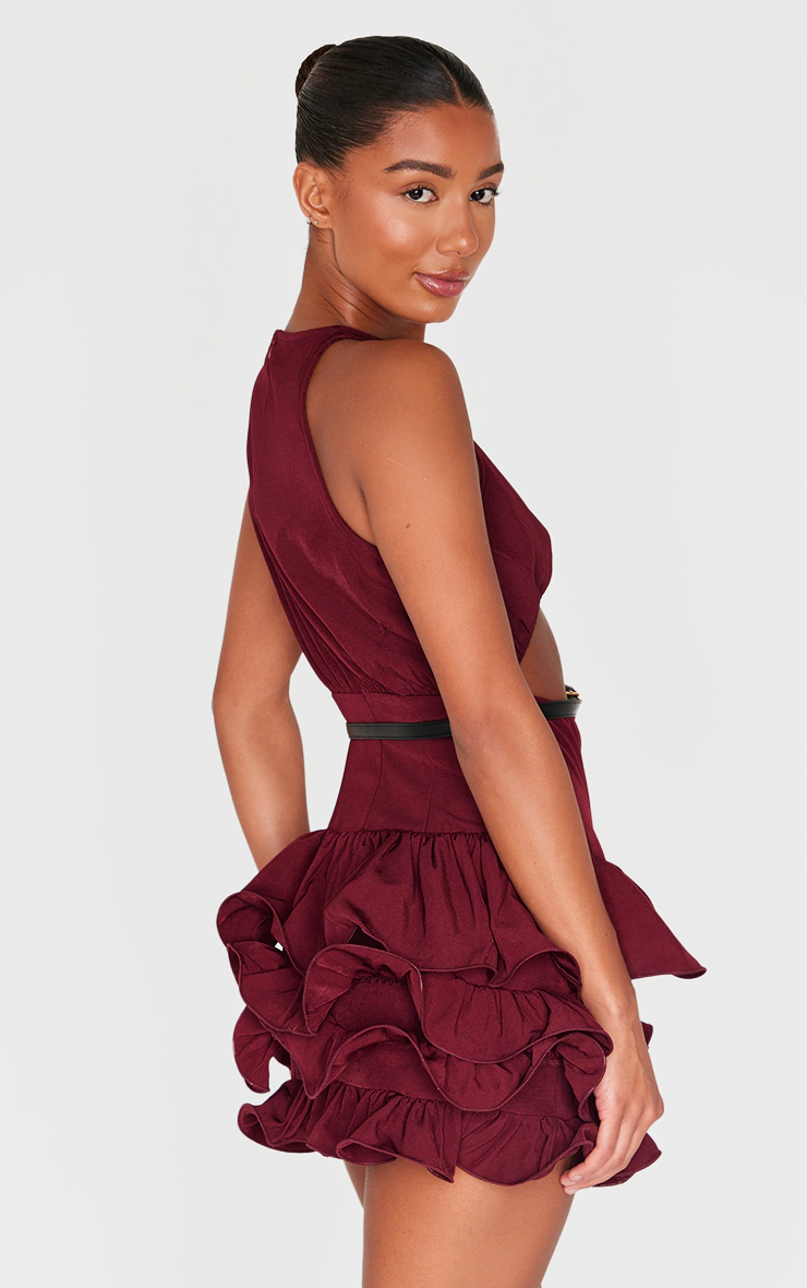 Wine Cut Out Belted Frill Hem Shift Dress