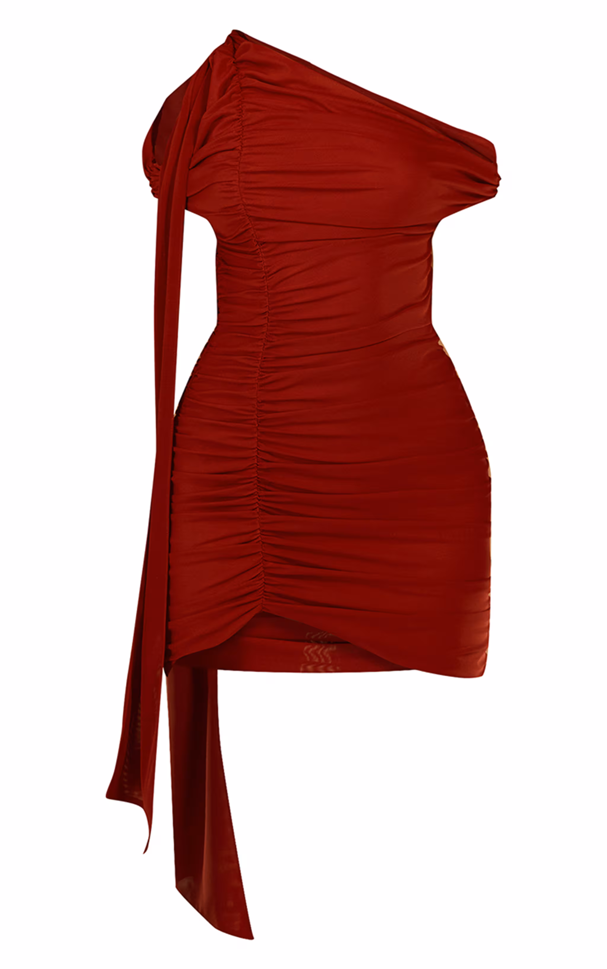 PLT Label Rust Bandage Mesh Tie Detail Asymmetric Bodycon Dress