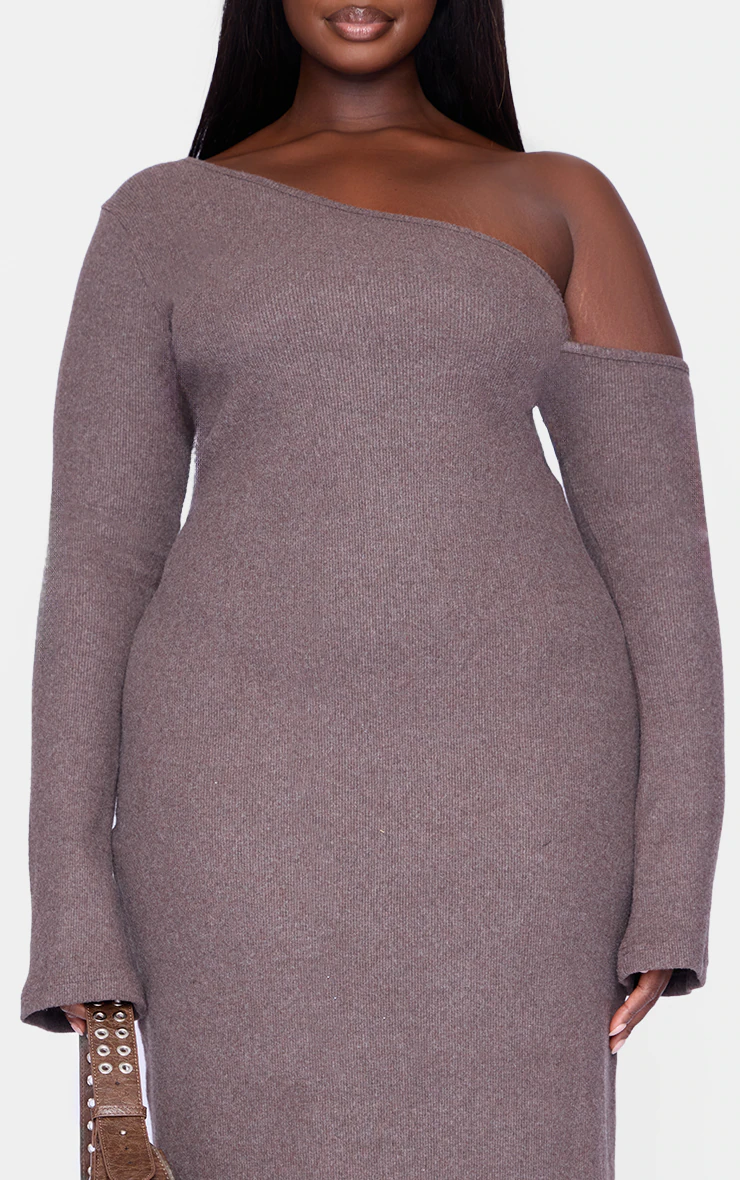 Plus Chocolate Heavy Brushed Asymmetric Ruched Maxi Dress