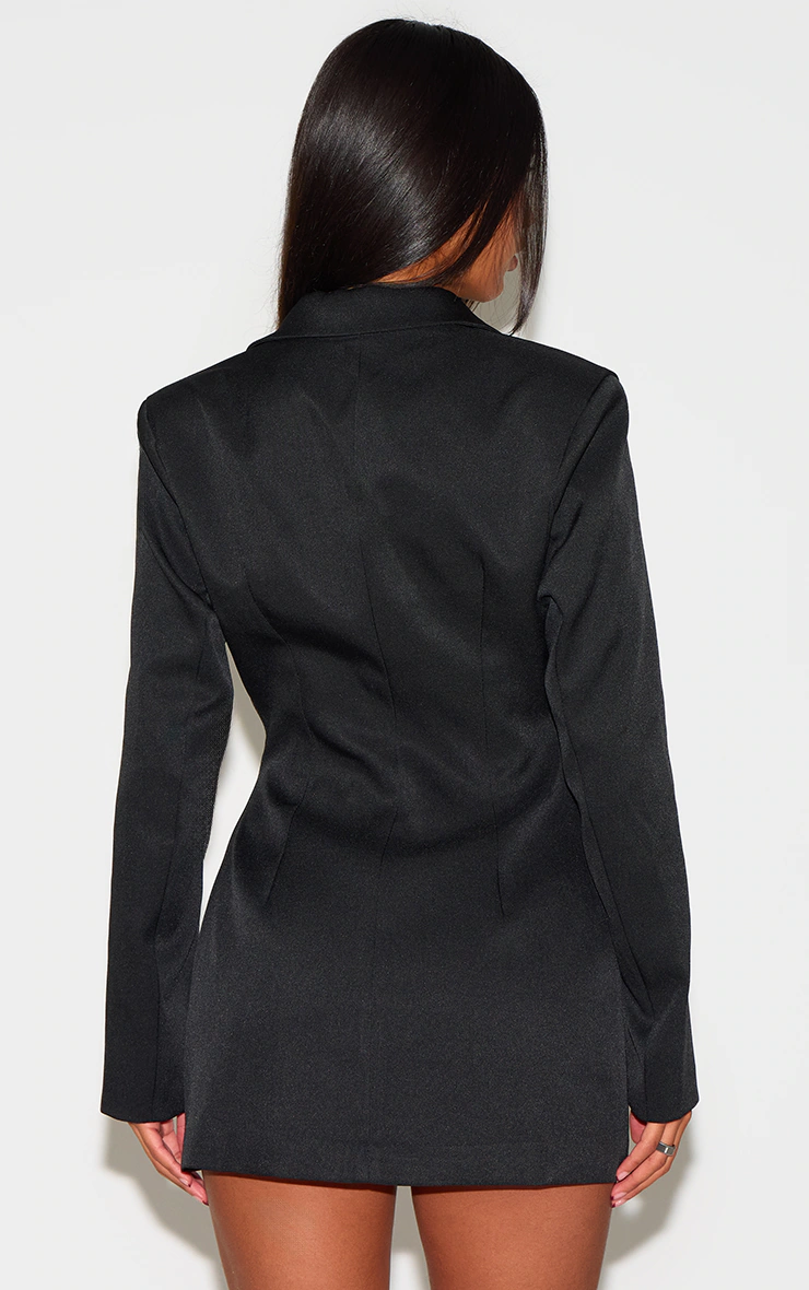 Black Woven Double Breasted Cinched Waist Blazer Dress