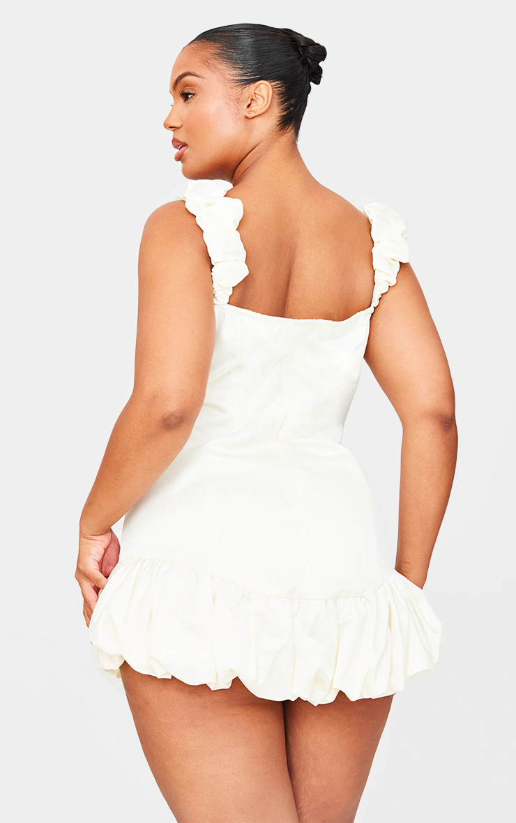 White Satin Bardot Puff Hem Bodycon Dress