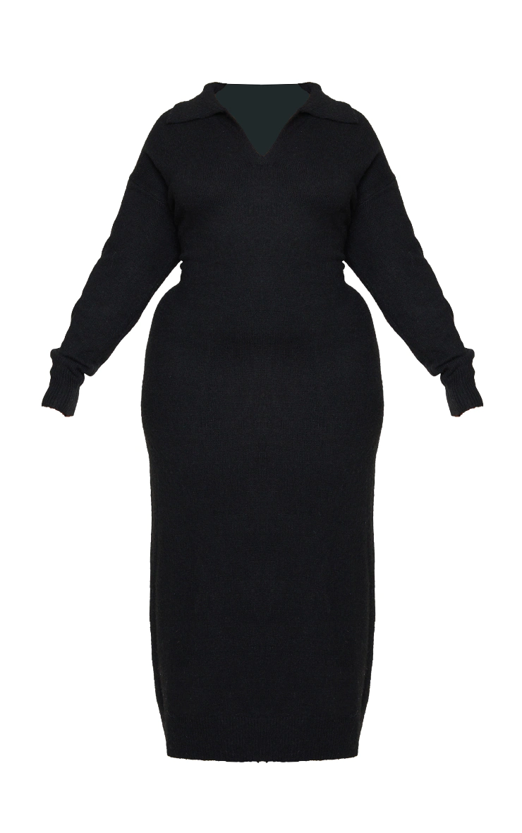 Plus Black Collar Detail Cosy Knitted Midaxi Dress