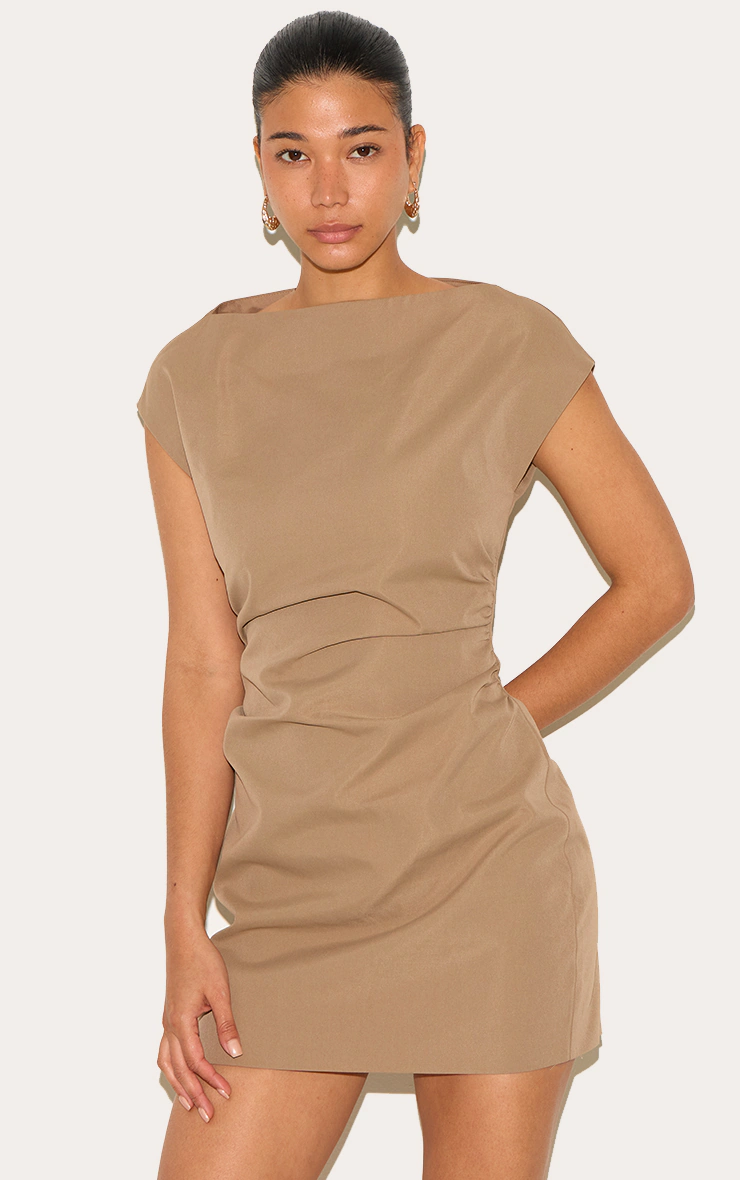 Mushroom Woven Cap Sleeve Cinched Waist Mini Dress