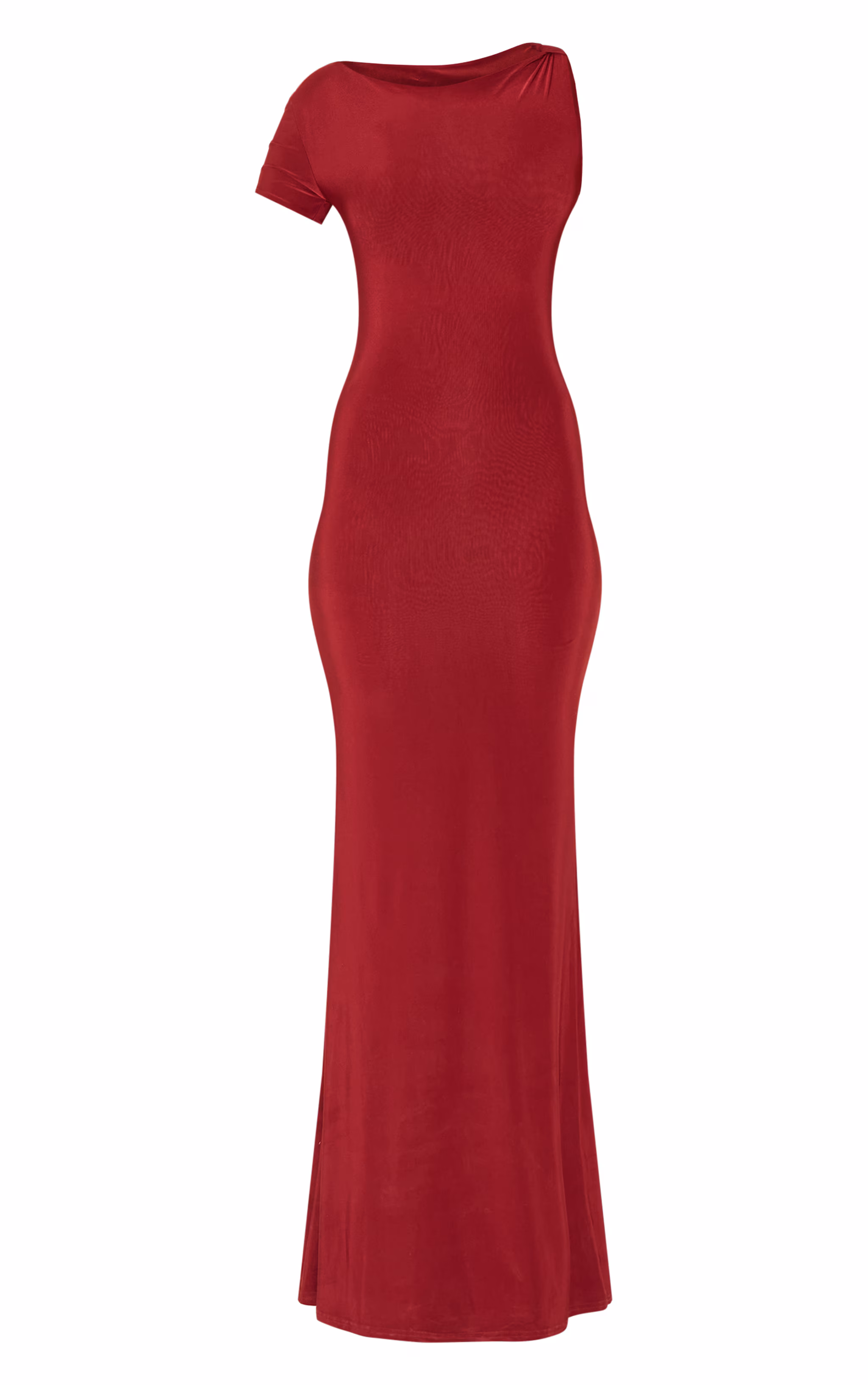 Wine Double Layer Slinky Knot Shoulder Cap Sleeve Maxi Dress