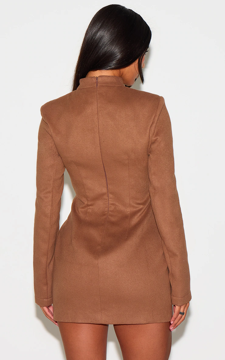 Deep Taupe Brushed Woven Long Sleeve Button Detail Mini Dress