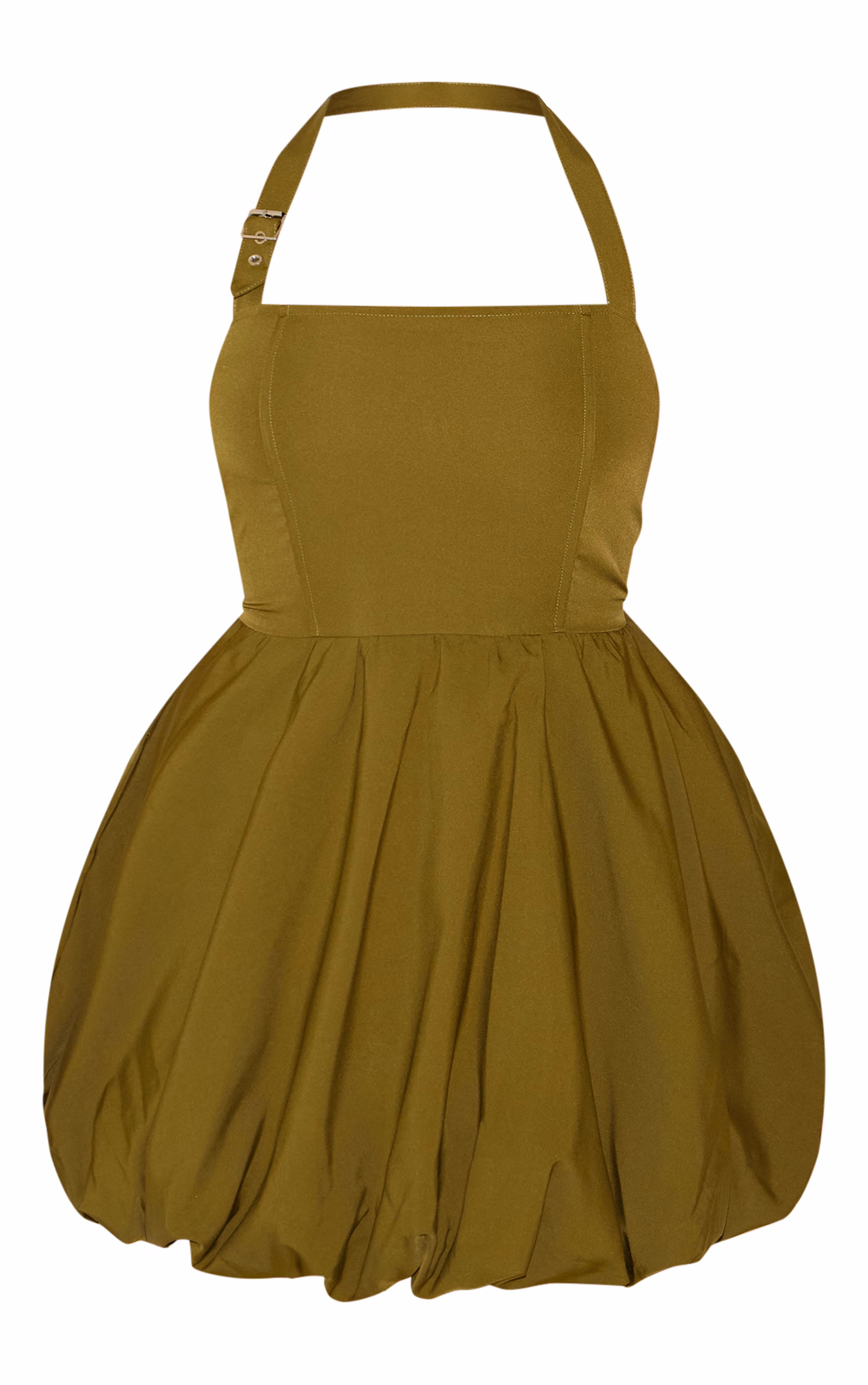 Plus Khaki Buckle Detail Halterneck Puffball Mini Dress