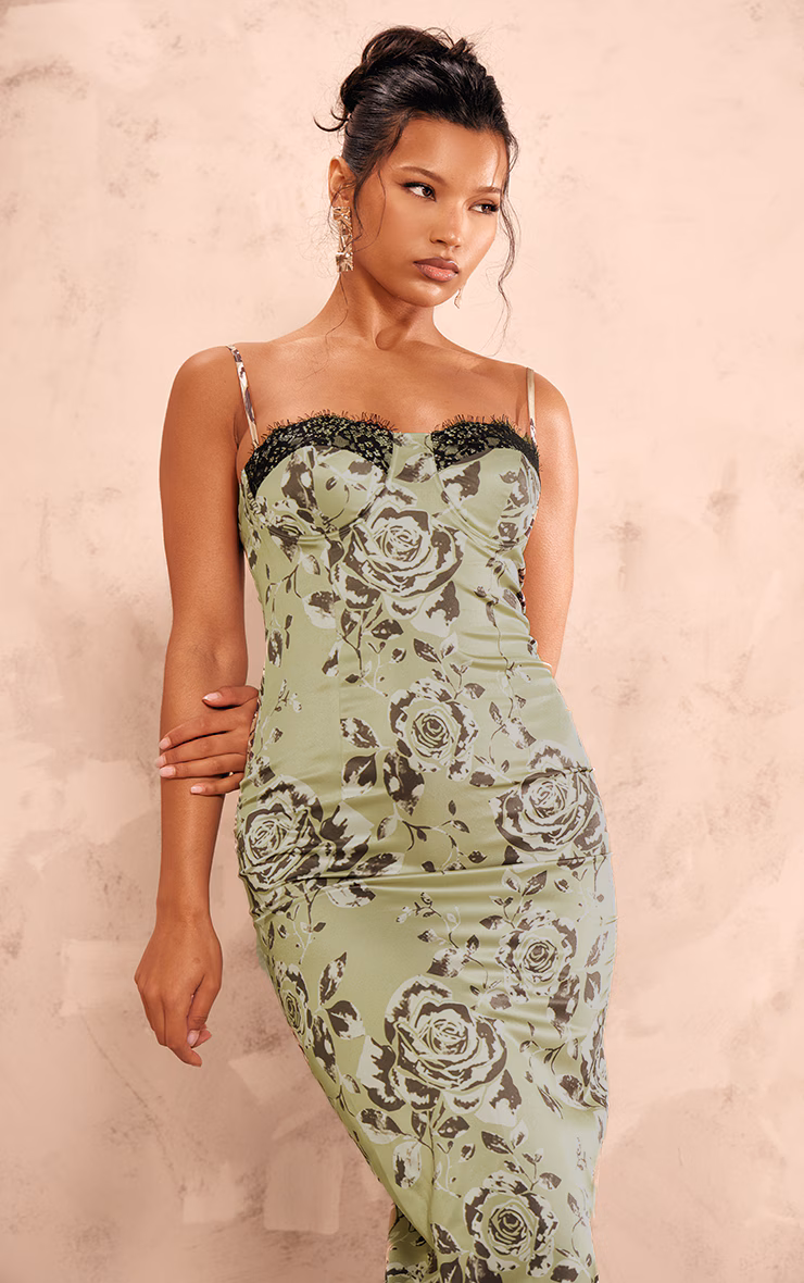 Green Satin Print Lace Trim Maxi Dress