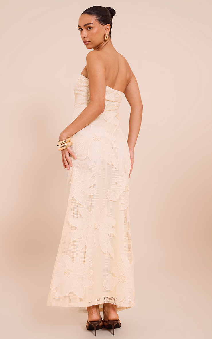 Natural Floral Embroidered Textured Bandeau Maxi Dress