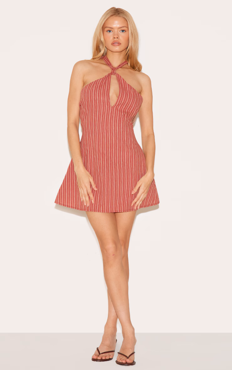 Rust Striped Halterneck Shift Dress