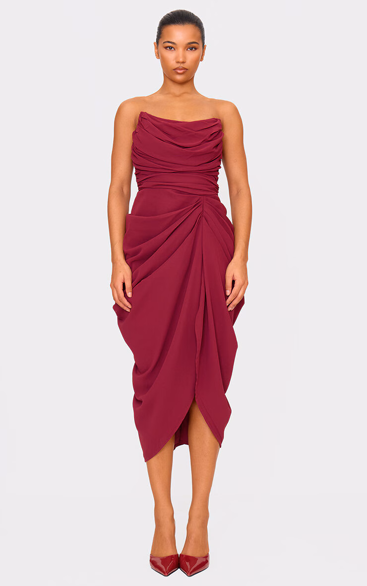 Burgundy Chiffon Corset Bandeau Draped Midi Dress
