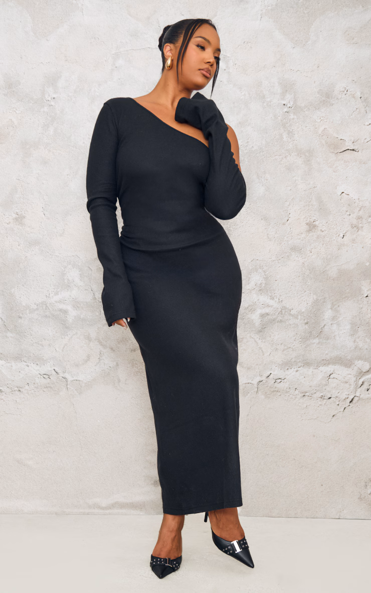 Plus Black Heavy Brushed Asymmetric Ruched Maxi Dress