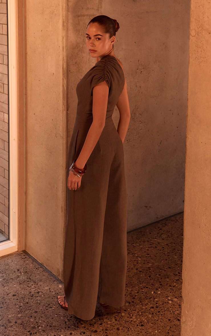 PLT Label Dark Taupe Asymmetric Ruched Wide Leg Jumpsuit