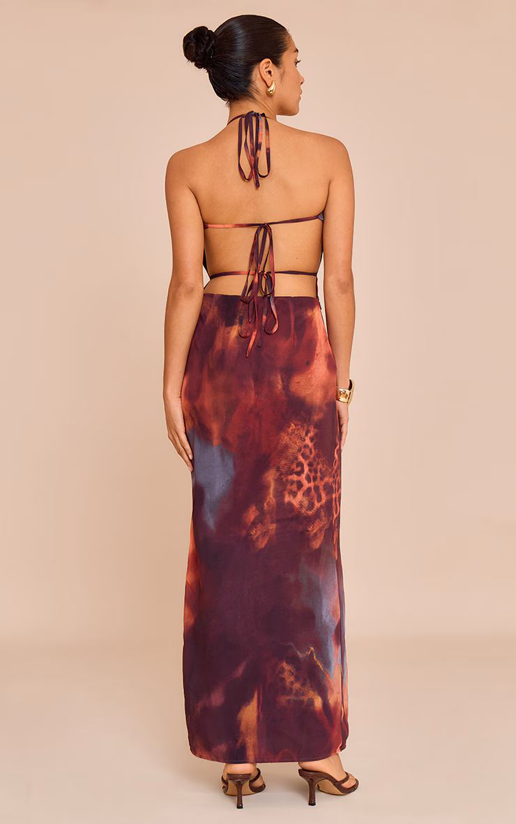 Petite Rust Printed Halterneck Open Back Maxi Dress
