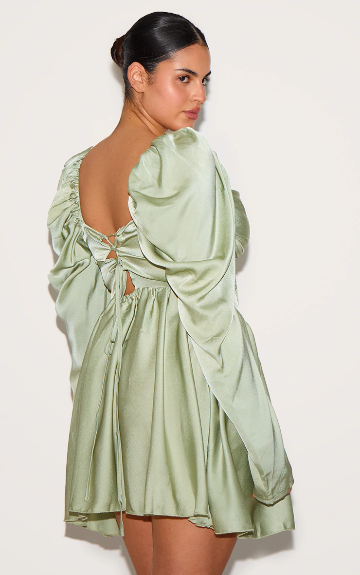 Plus Sage Satin Corset Detail Puffball Shift Dress
