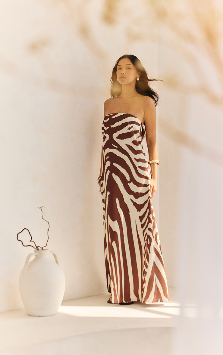 Tan Zebra Abstract Print Woven Bandeau Maxi Dress