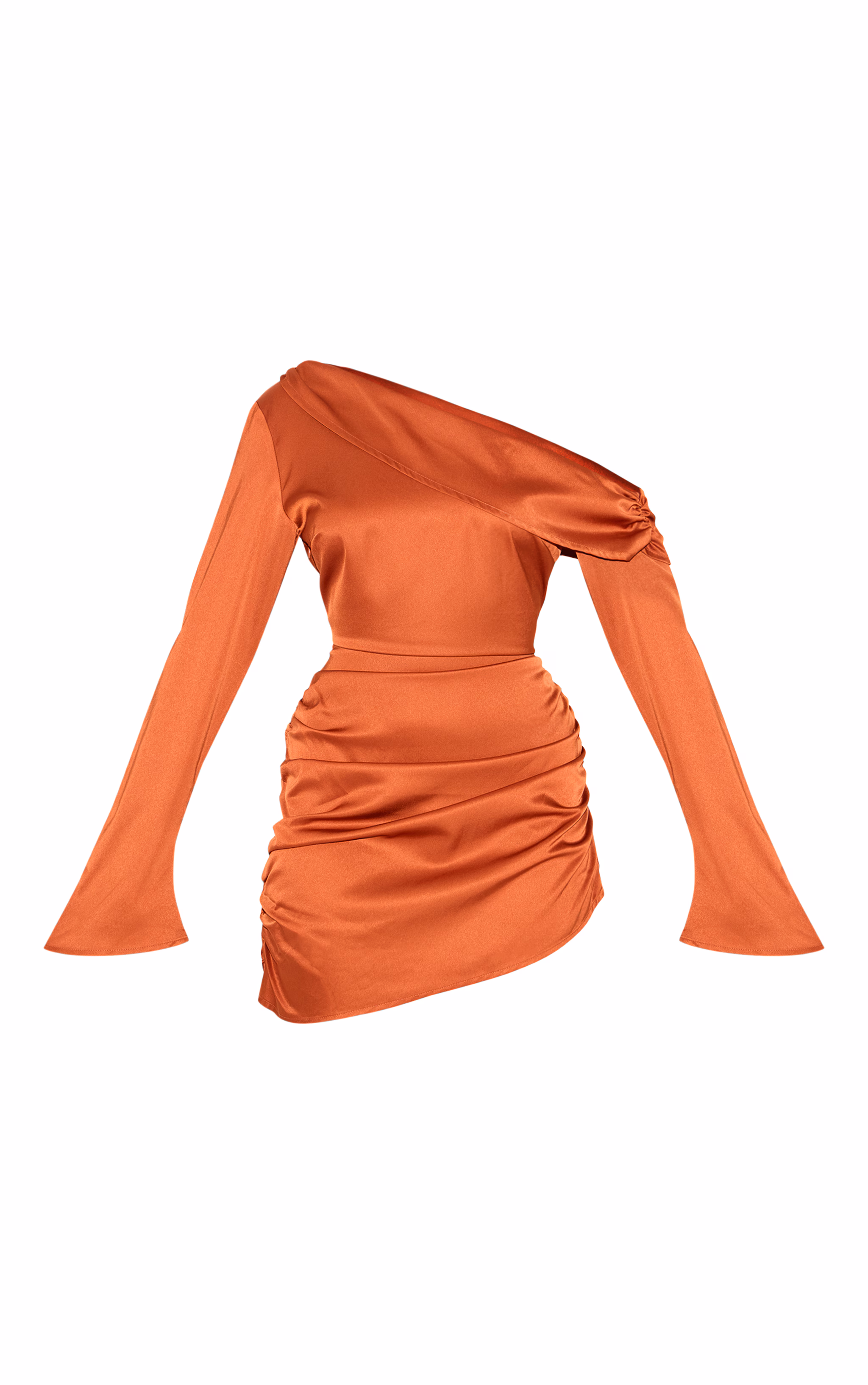 Burnt Orange Satin One Shoulder Drape Bodycon Dress