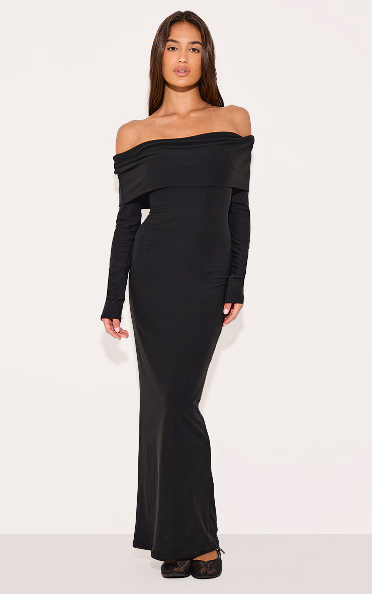 Black Soft Touch Bardot Long Sleeve Maxi Dress