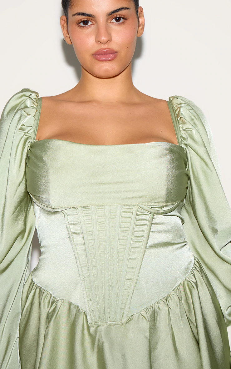 Plus Sage Satin Corset Detail Puffball Shift Dress