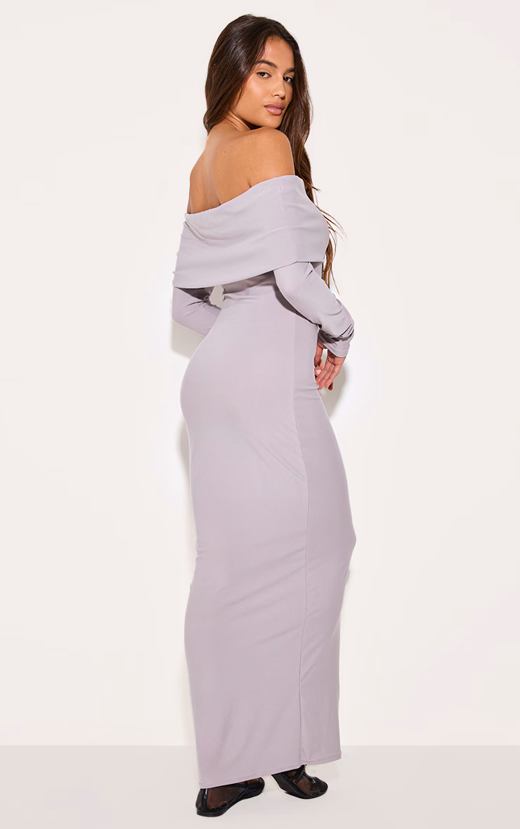 Light Grey Soft Touch Bardot Long Sleeve Maxi Dress