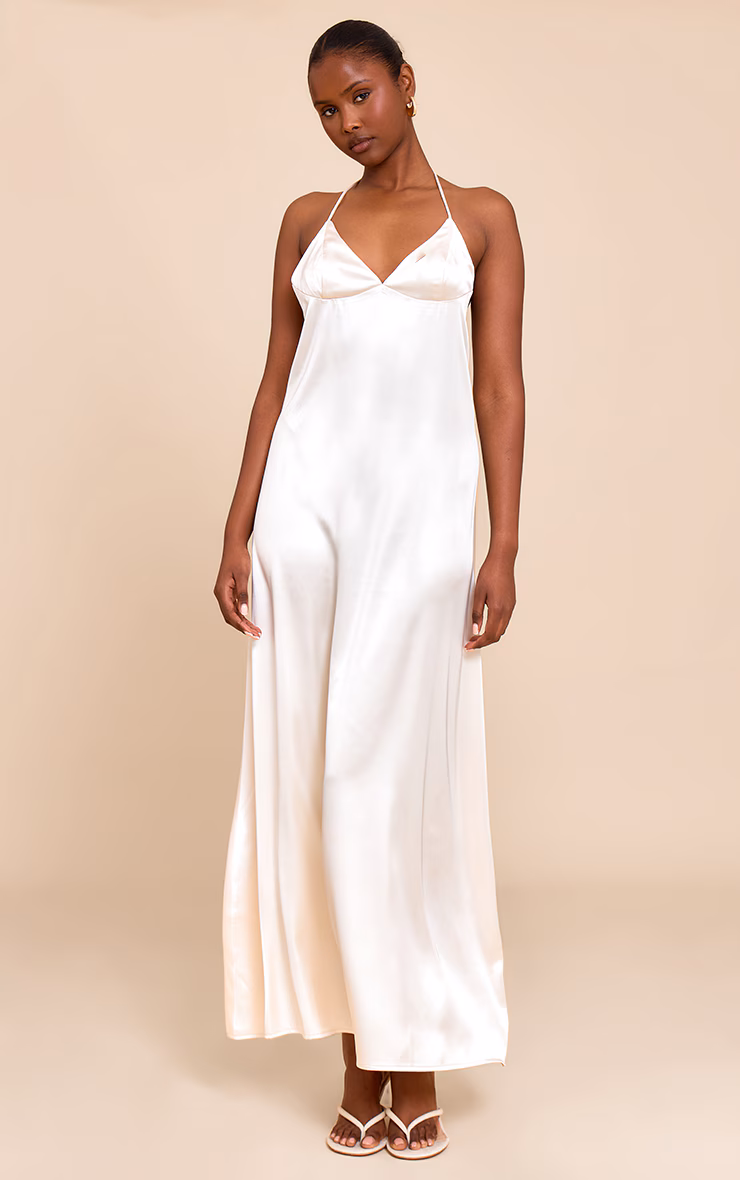Natural Satin Lace Up Back Maxi Slip Dress