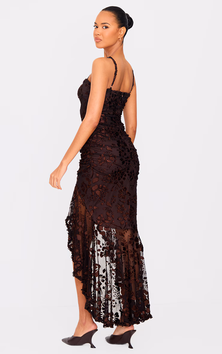 Brown Devore Cut Out Frill Detail Dress