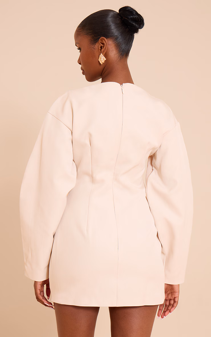 Cream Cocoon Sleeve Cinched Waist Blazer Dress