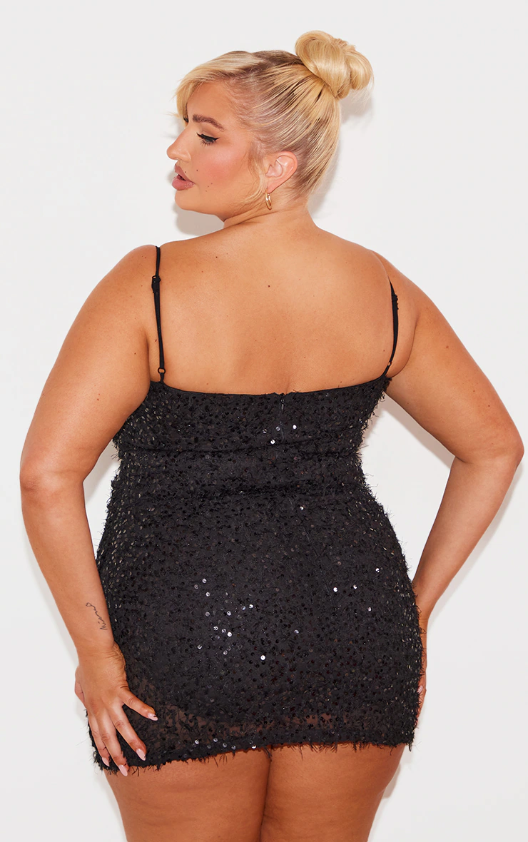 Plus Deep Black Sequin Feather Drape Mini Dress