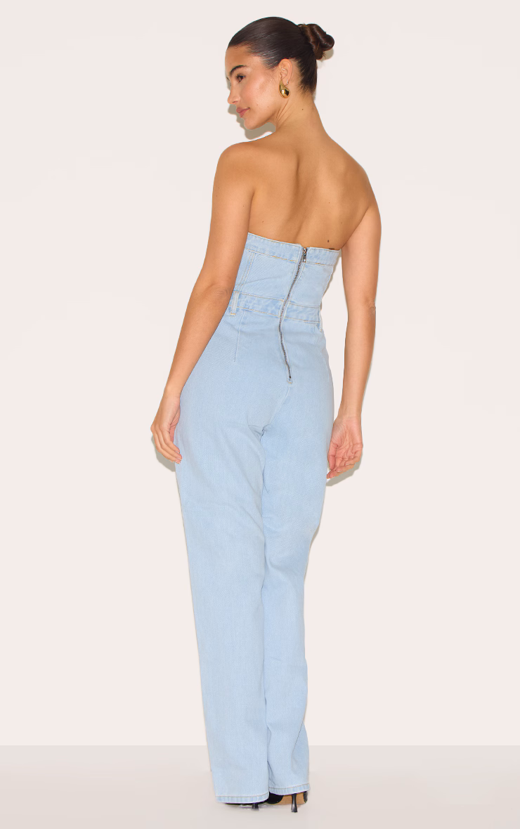 Light Blue Wash Bandeau Denim Jumpsuit