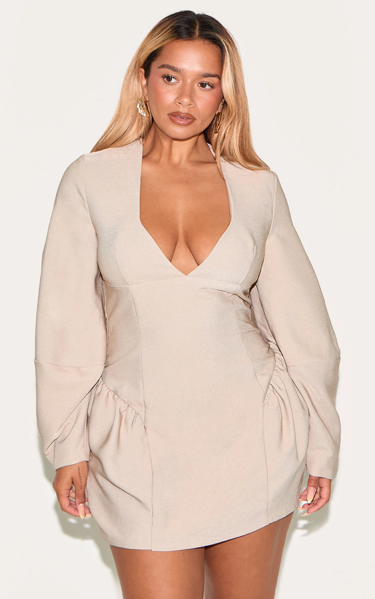 Shape Stone Tailored Plunge Front Cocoon Sleeve Cinched Waist Mini Dress