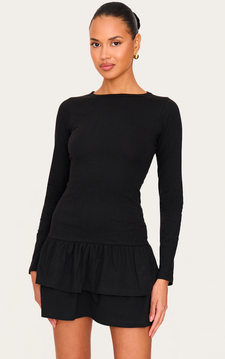 Black Cotton Long Sleeve Tiered Shift Dress
