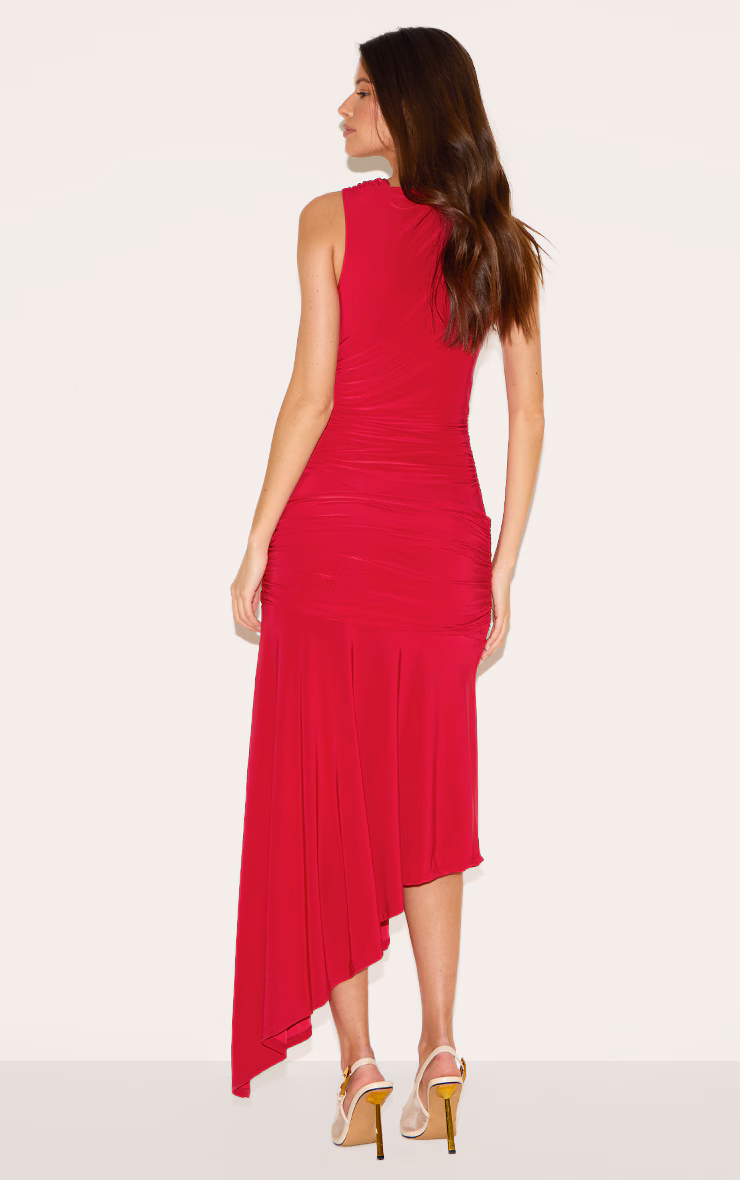 Red Double Layer Slinky Asymmetrical Ruched Midaxi Dress