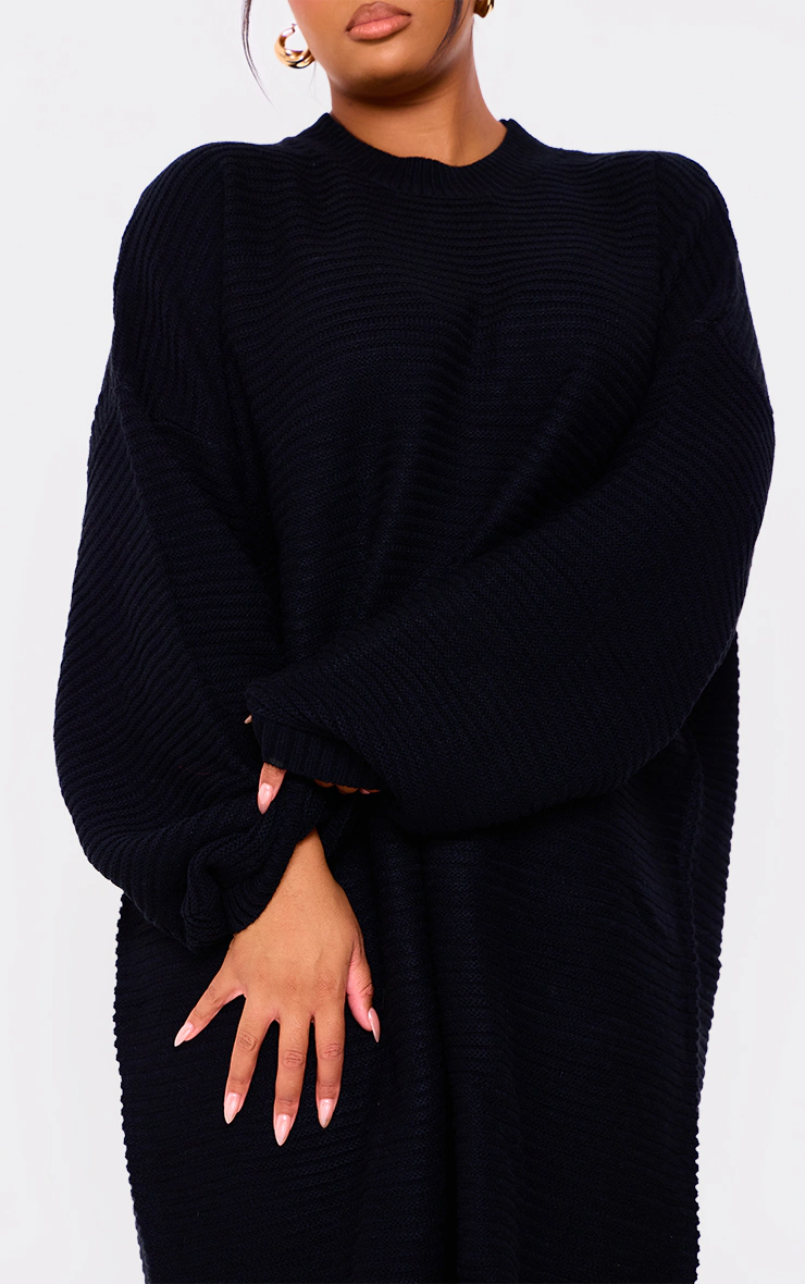 Plus Black Knitted High Neck Rib Sweater Dress