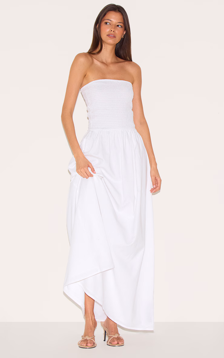 White Bandeau Shirred Detail Maxi Dress