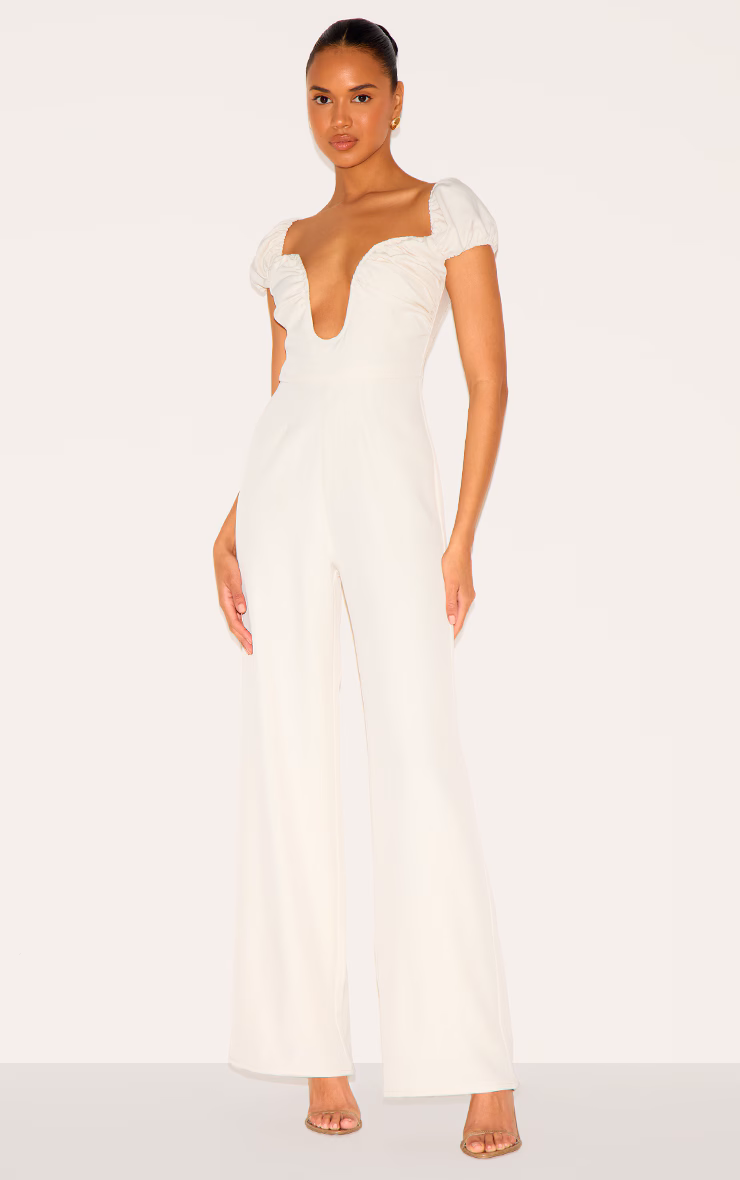 Cream Woven Plunge Straight Leg Jumpsuit