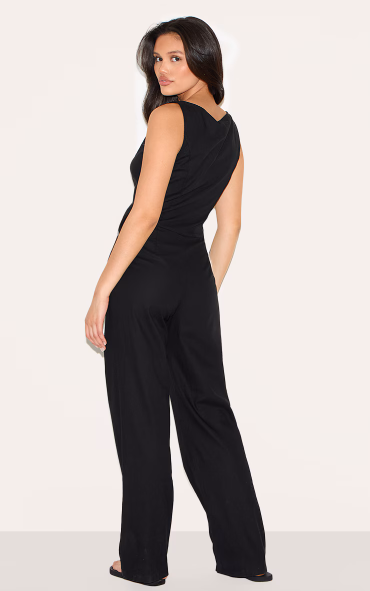 Black Linen Blend Vest Detail Straight Leg Jumpsuit