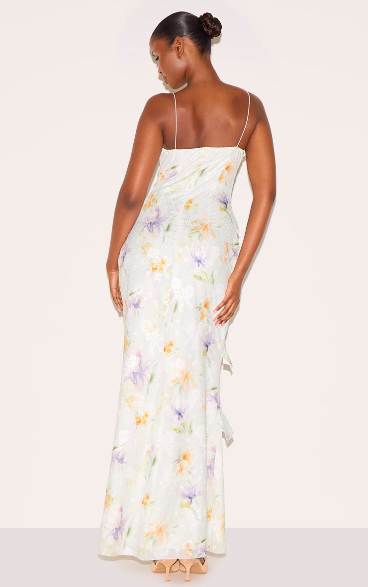 Multi Floral Embroidered Frill Maxi Dress