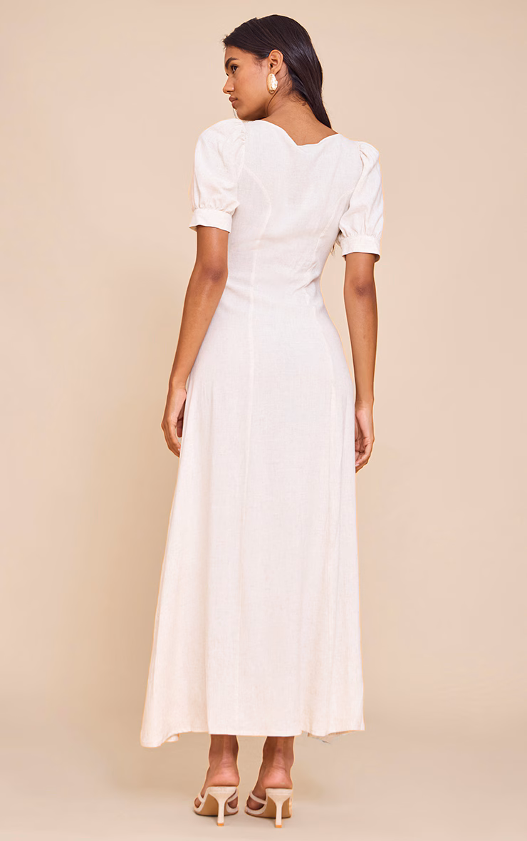 Natural Linen Look Button Puff Sleeve Midaxi Dress