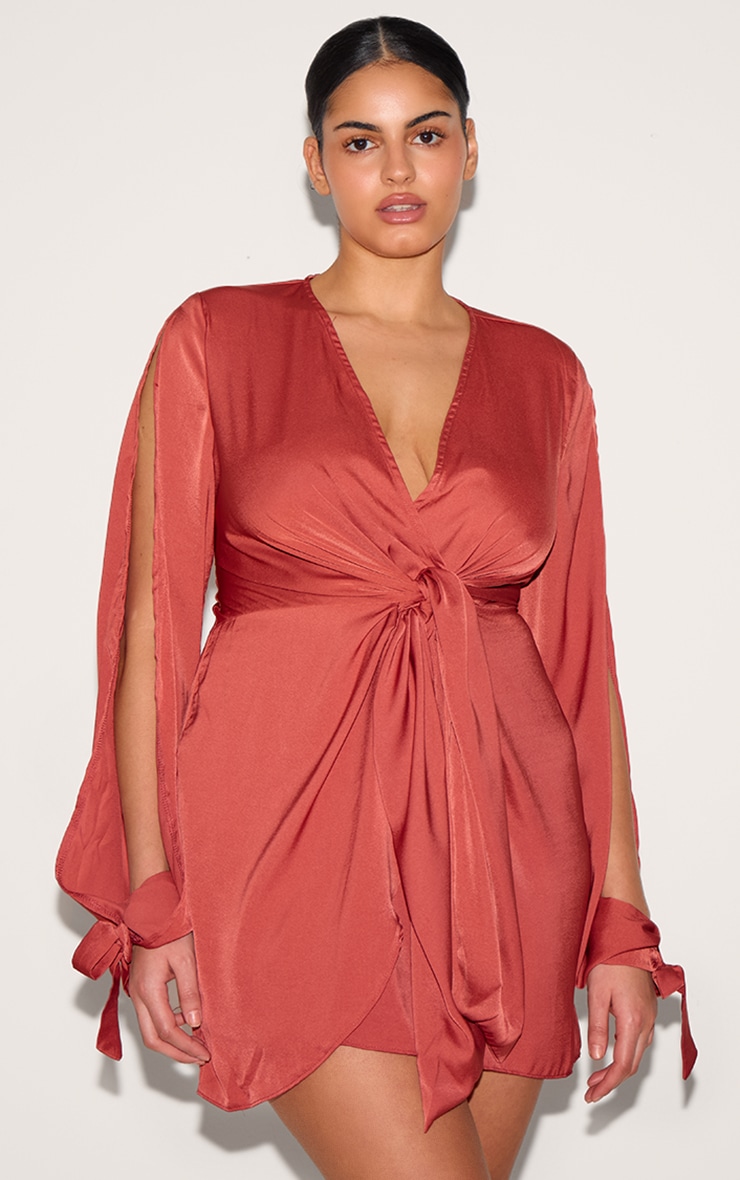 Plus Rust Plunge Neck Satin Twist Front Open Sleeve Wrap Dress