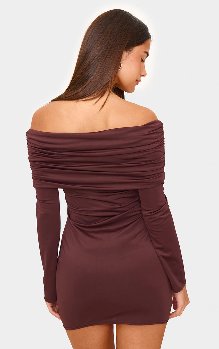 Chocolate Matte Sculpt Double Layer Foldover Bardot Long Sleeve Mini Dress