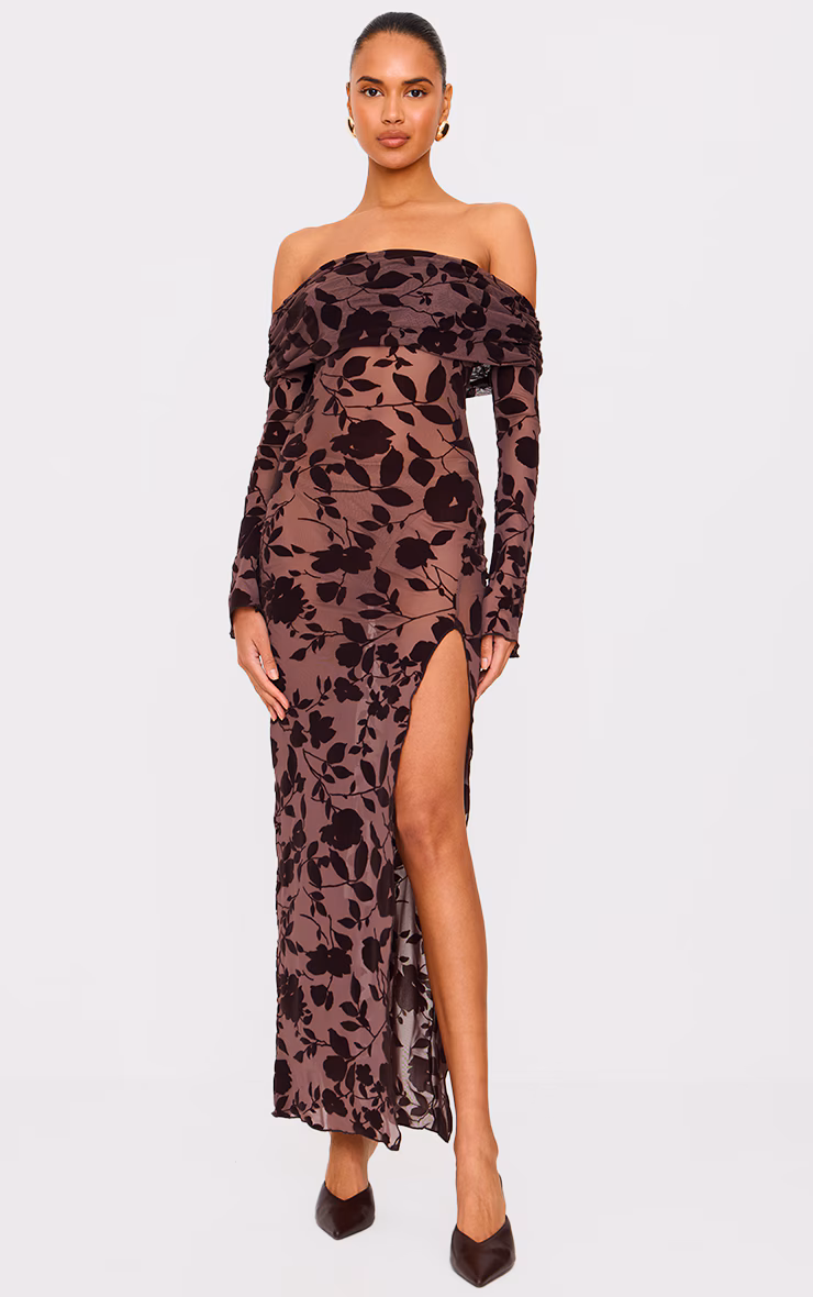 Chocolate Devore Bardot Long Sleeve Maxi Dress